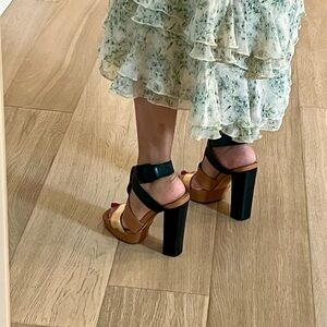 Elizabeth and James Metallic Gold, brown and Black Block Heel Sandals